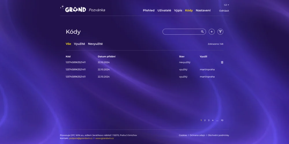 Admin, správa bonusových kódů